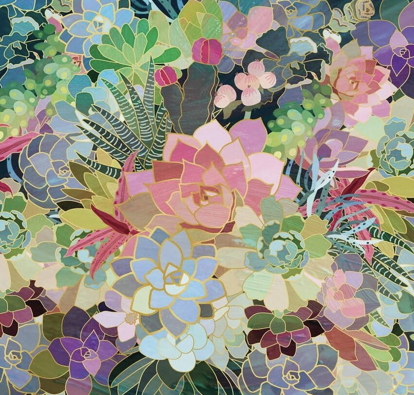 Colorful mosaic illustration of layered succulents and leaves in pastel tones