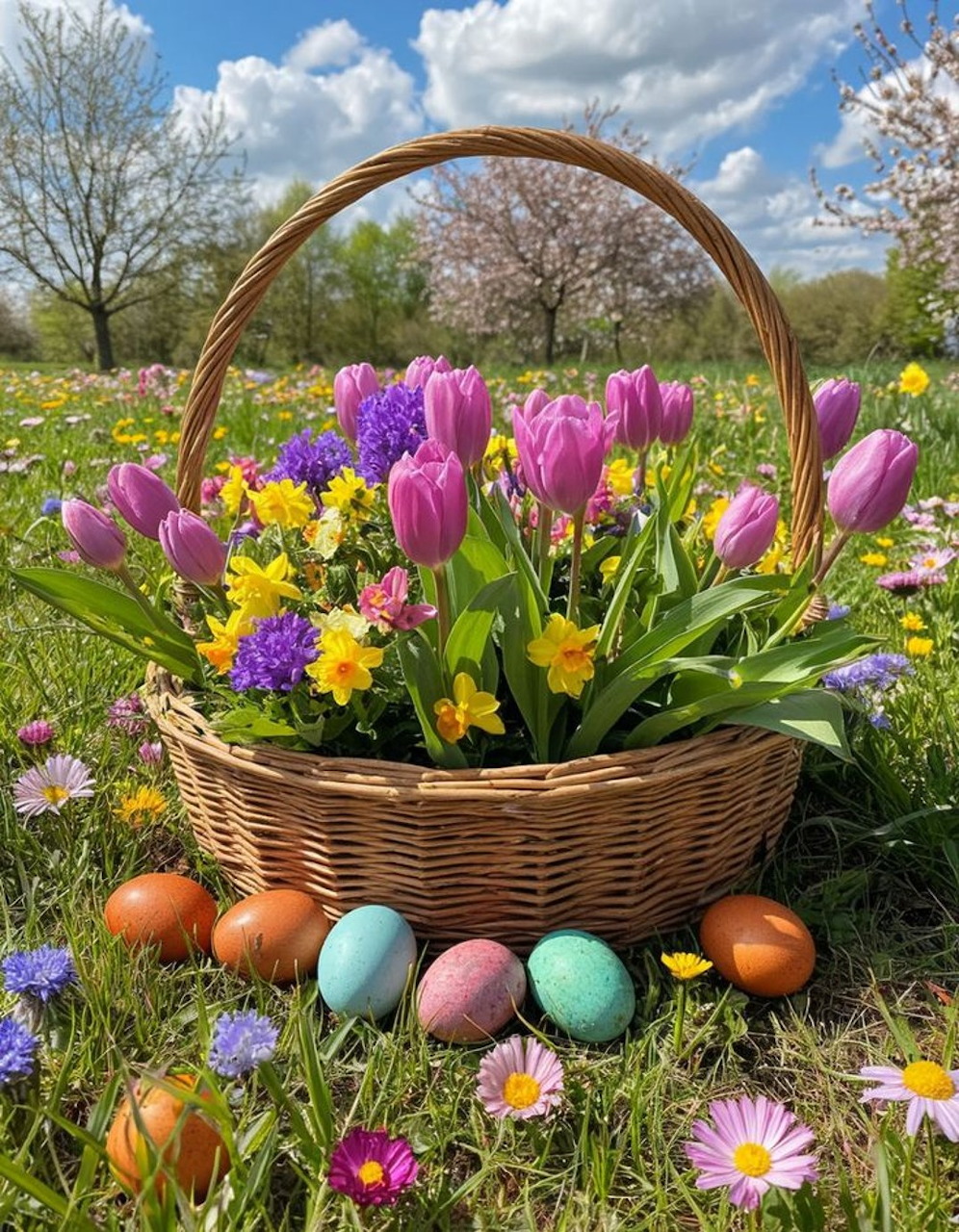 Wicker basket with spring flowers and pastel Easter eggs