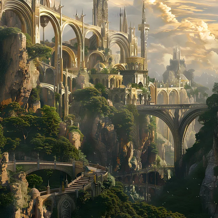 Fantasy Gothic castle with multiple towers, arches, and bridges covered in greenery under dramatic clouds