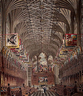 Interior of St George's Chapel Windsor Castle with Gothic vaulted ceiling and heraldic banners