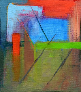 Abstract painting with bold color blocks in blue, red, green, and brown with dark gestural lines