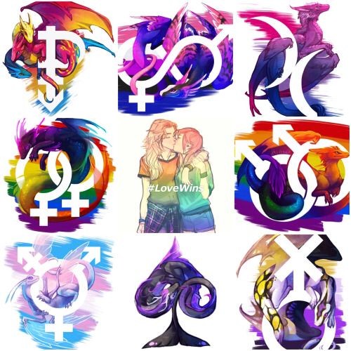 Grid collage of nine colorful LGBTQ+ pride symbols and gender identity icons with rainbow watercolor effects