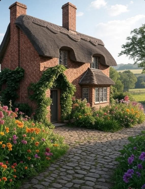 Brick cottage with a thatched roof, cobblestone path, and colorful flowers in a garden
