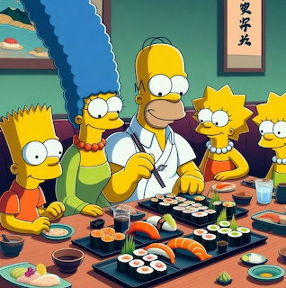Animated Simpson family eating sushi at dining table