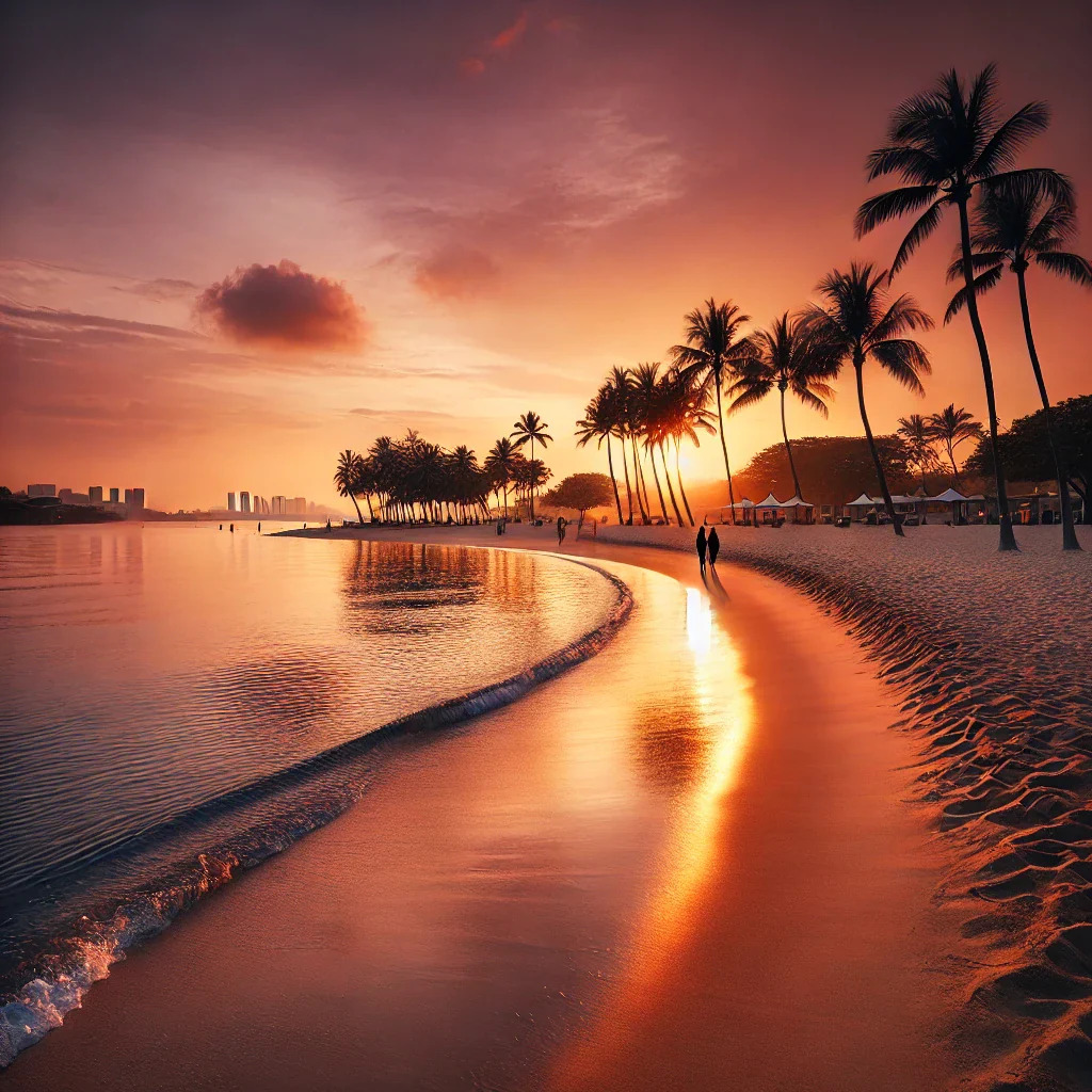 Tropical beach at sunset with palm trees and orange sky reflecting on calm water