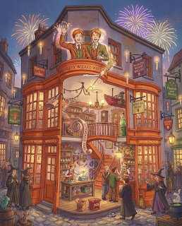 Illustrated magical joke shop with twin wizards on balcony, glowing signs, and fireworks in the night sky
