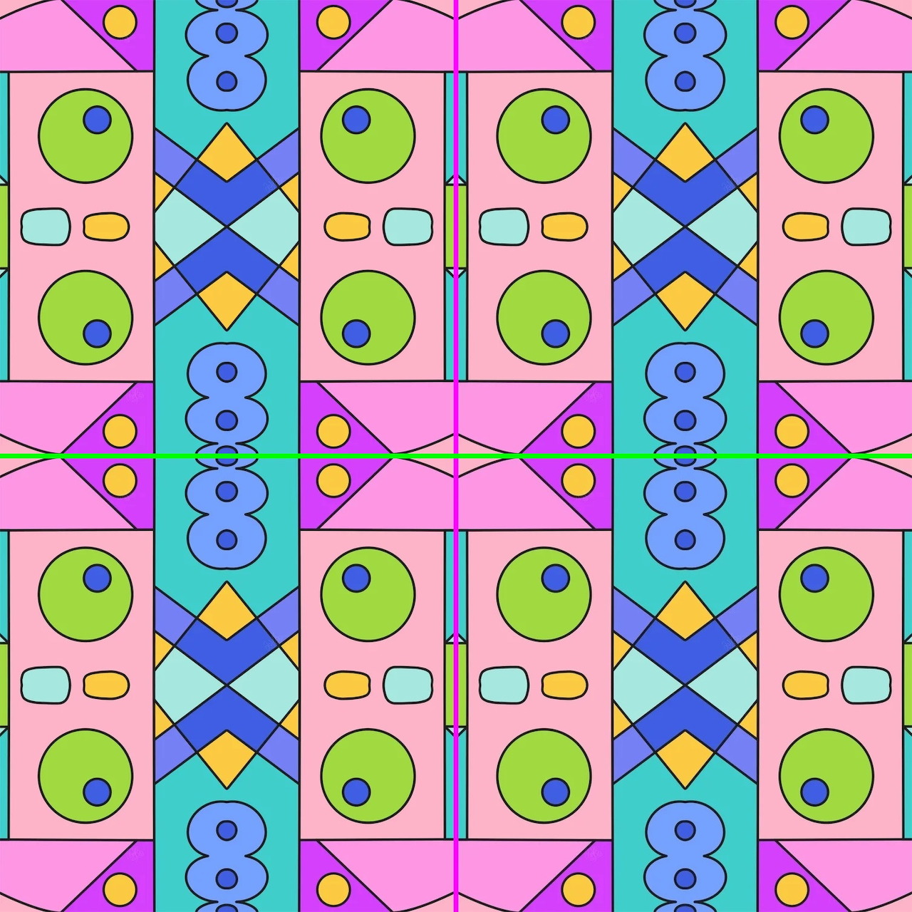 Symmetrical geometric pattern with circles and diamonds in pink, green, cyan, yellow, and orange on pink background
