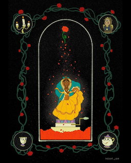 Illustration of Belle in yellow dress under glass dome with rose, framed by vine border and character portraits on black