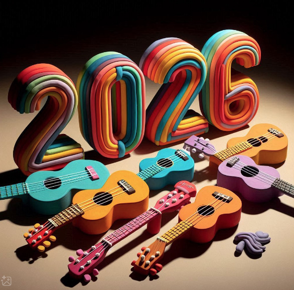 Colorful 2026 numbers with several ukuleles arranged on a dark background