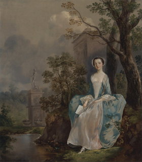Classical portrait of a woman in blue dress seated in a landscape with a tree, statue, and pond