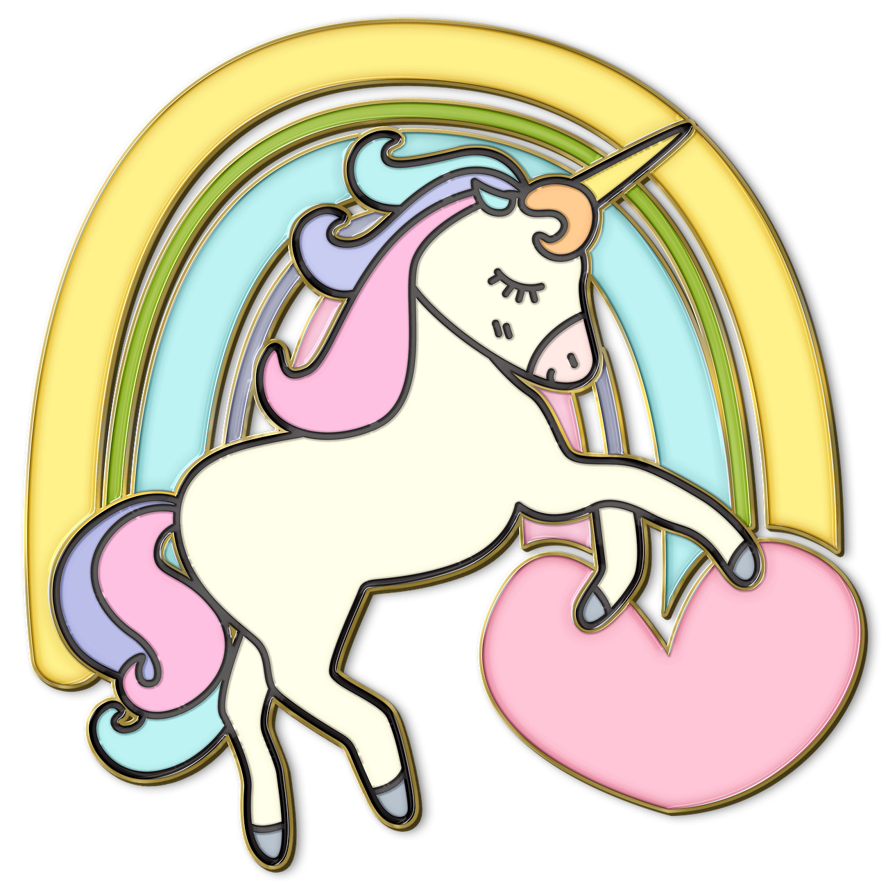 Cartoon unicorn with pink mane, rainbow, and pink heart on a white background