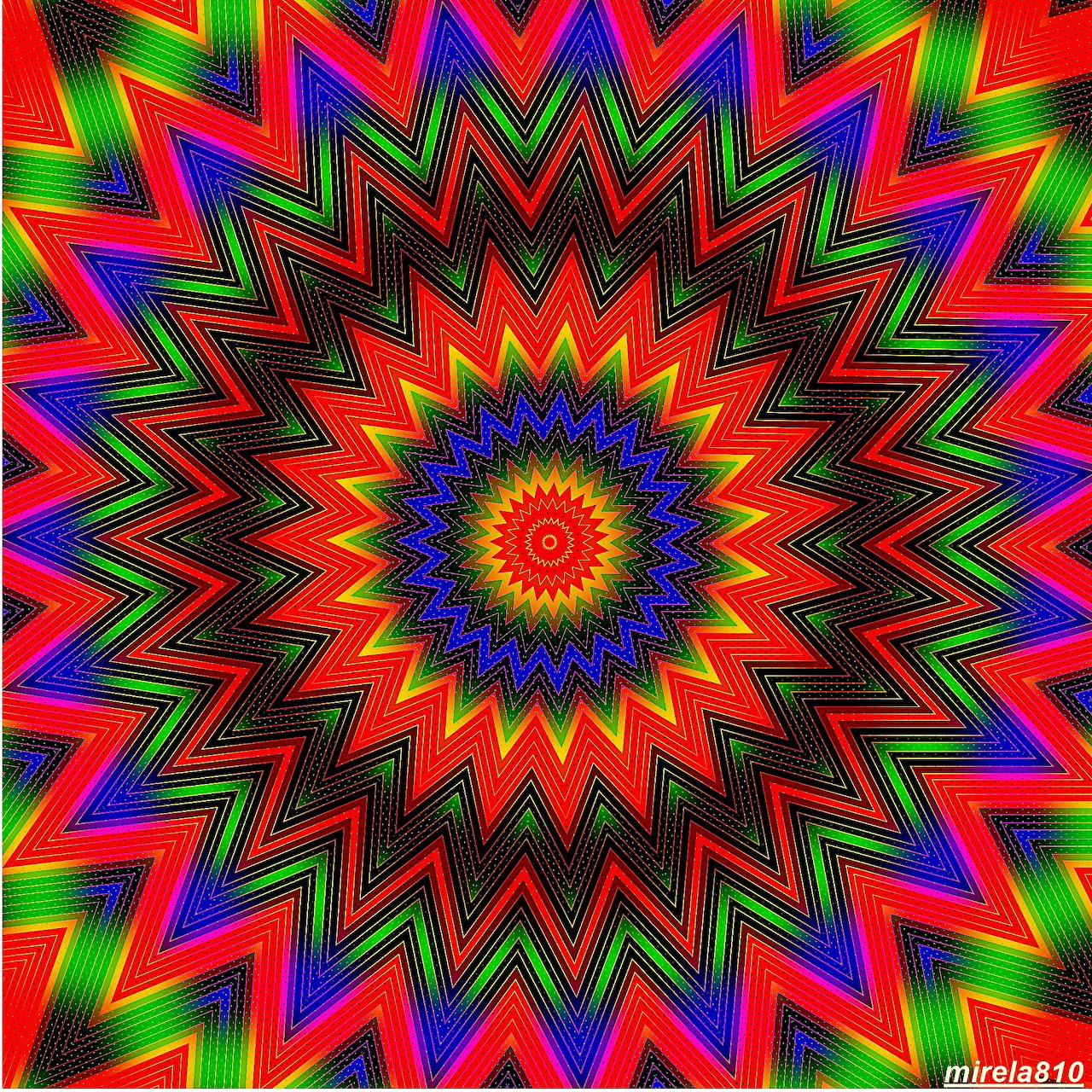 Vibrant symmetrical mandala with rainbow colored zigzag patterns radiating from yellow center in star formation