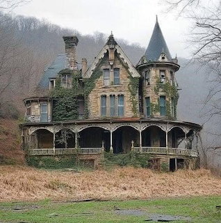 Old Victorian manor house with a turret, porch, and ivy in a misty rural setting