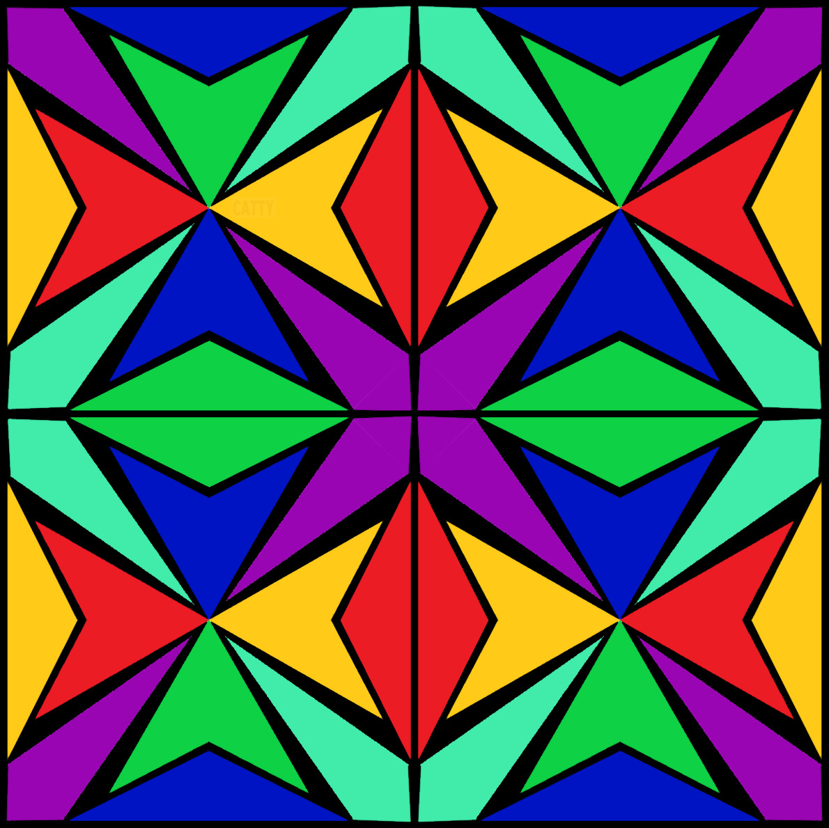 Symmetrical geometric pattern with multicolored triangles arranged in a kaleidoscope design