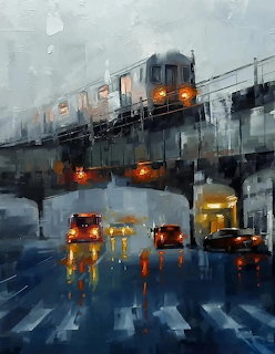 Painting of an elevated train over a rainy city street with glowing lights and reflections
