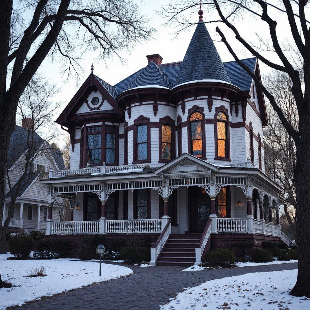 Victorian mansion with turret and wraparound porch in winter twilight with snow