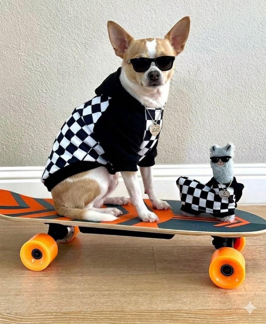 Chihuahua in checkered hoodie and sunglasses sitting on an orange skateboard with a matching toy figure