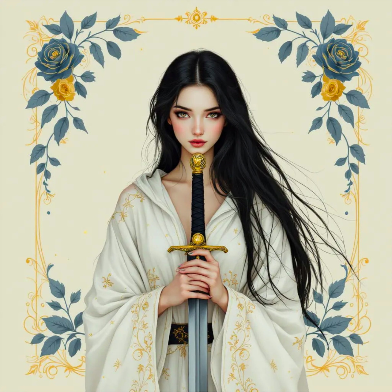 Illustrated dark-haired woman in a white robe holding a sword with a floral decorative border