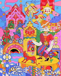 Colorful surreal illustration of fantasy houses with rainbow, sun, and whimsical patterns