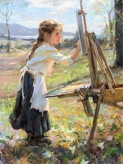 Girl Painting at Easel Outdoors