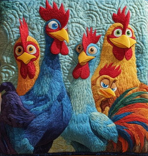 Five colorful knitted roosters with red combs and bright plumage arranged in a group