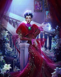 Illustration of Lady Tremaine in a red gown seated on a staircase with glowing butterflies and flowers