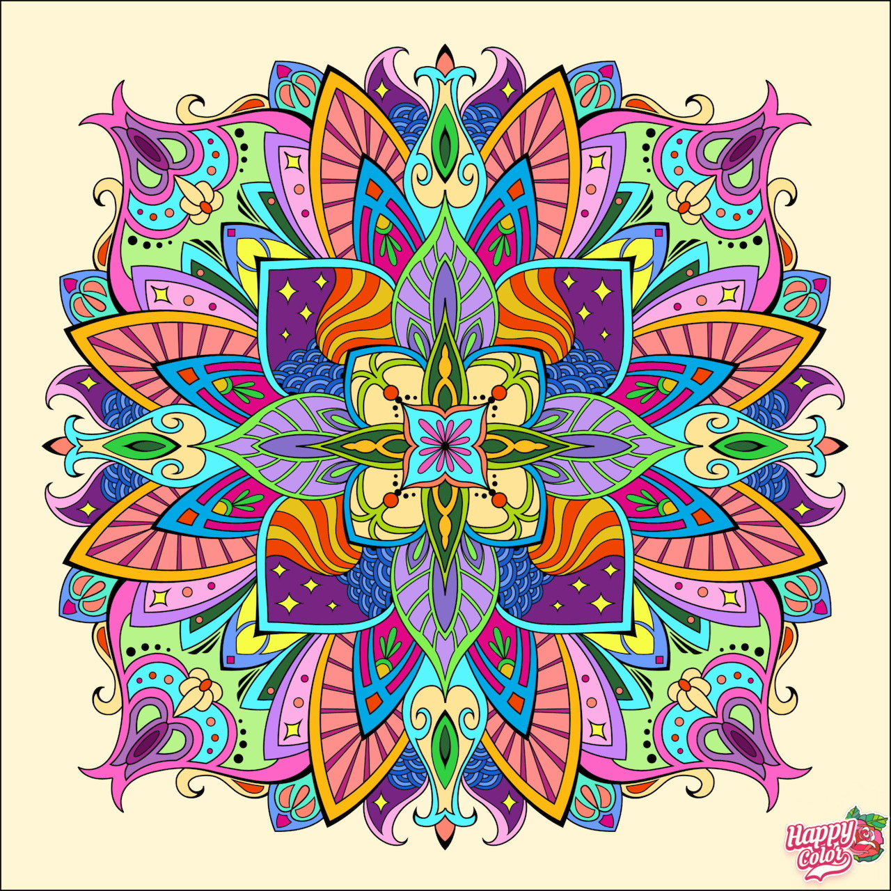 Symmetrical mandala with colorful floral patterns and geometric shapes radiating from center on cream background