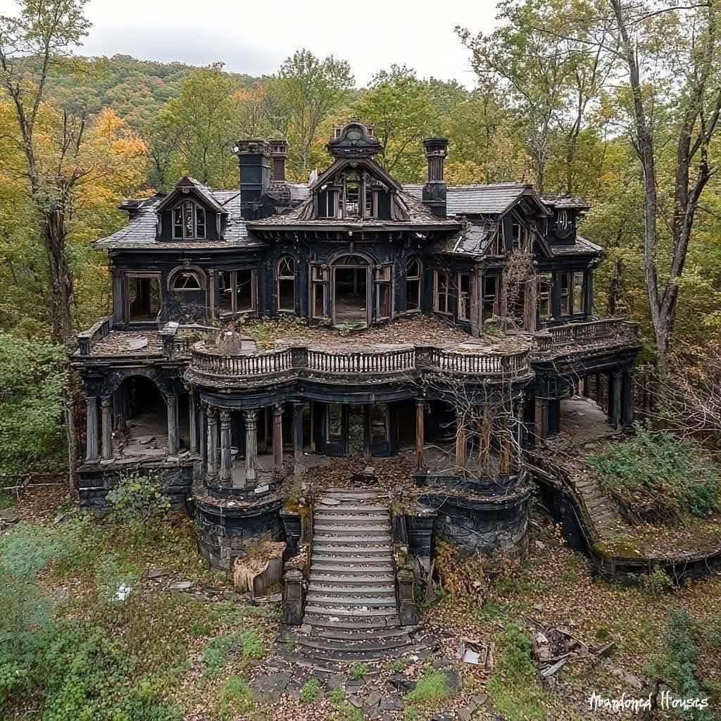 Abandoned Victorian mansion with intricate woodwork in overgrown forest setting