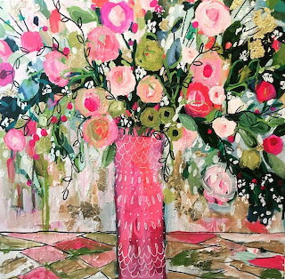 Painting of pink and white flowers in a pink vase with a dark floral background
