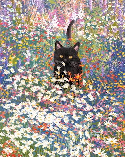 Black cat surrounded by dense colorful wildflowers in impressionistic painting style