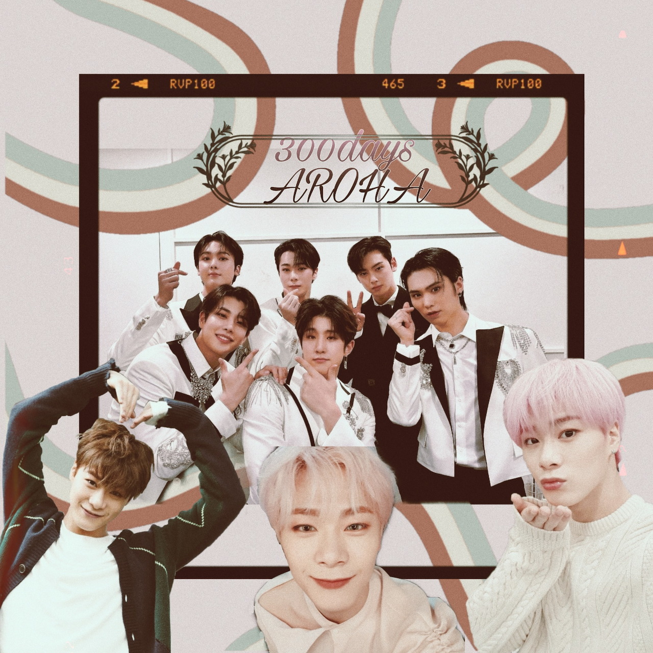 Collage of seven young men in white outfits with a film frame and pastel background