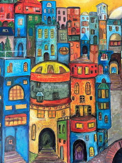 Colorful folk-art painting of densely packed whimsical houses and buildings in various bright colors