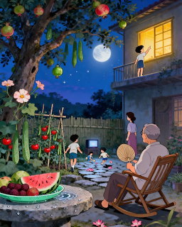 Illustration of a family gathering in a moonlit courtyard on a summer night with fruit and garden
