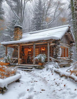 Small cottage surrounded by snow and frosted trees in a winter setting