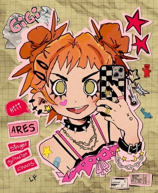 Anime girl with orange pigtails holding checkered phone with playful stickers and graphics
