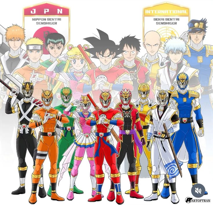 Collage of anime characters and armored heroes standing in two rows on a white background