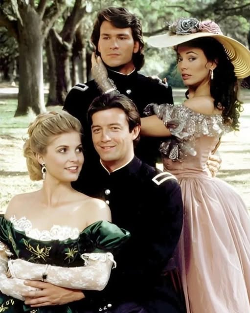 Four actors in Civil War period costumes posing outdoors for a TV drama