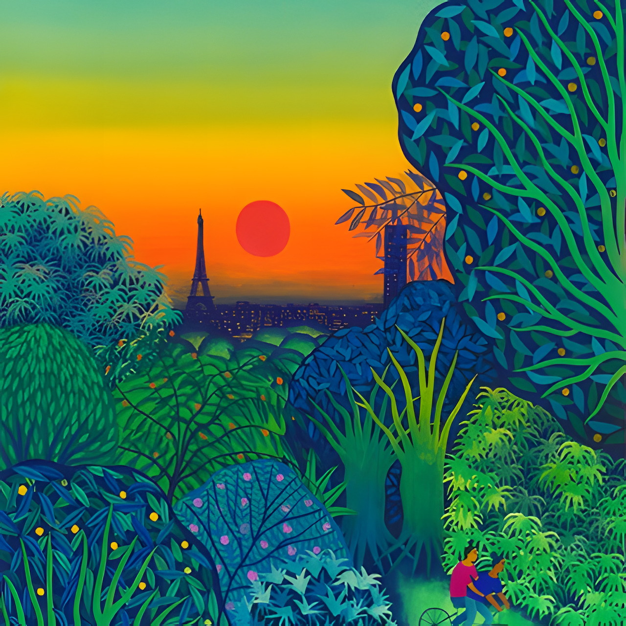 Colorful fantasy painting of dense tropical foliage with Eiffel Tower and red sun in background