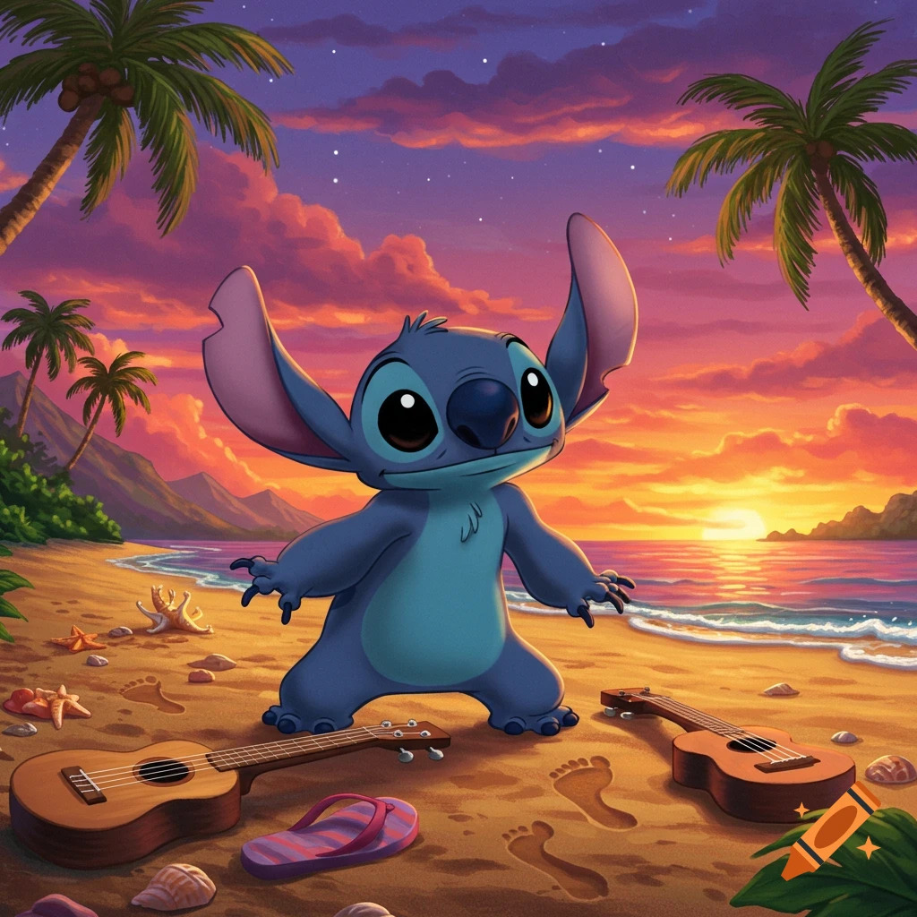 Stitch standing on a tropical beach at sunset with palm trees, waves, and ukuleles