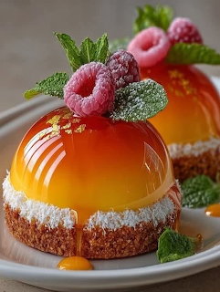 Glossy orange glazed dome dessert topped with raspberries and mint leaves on white plate