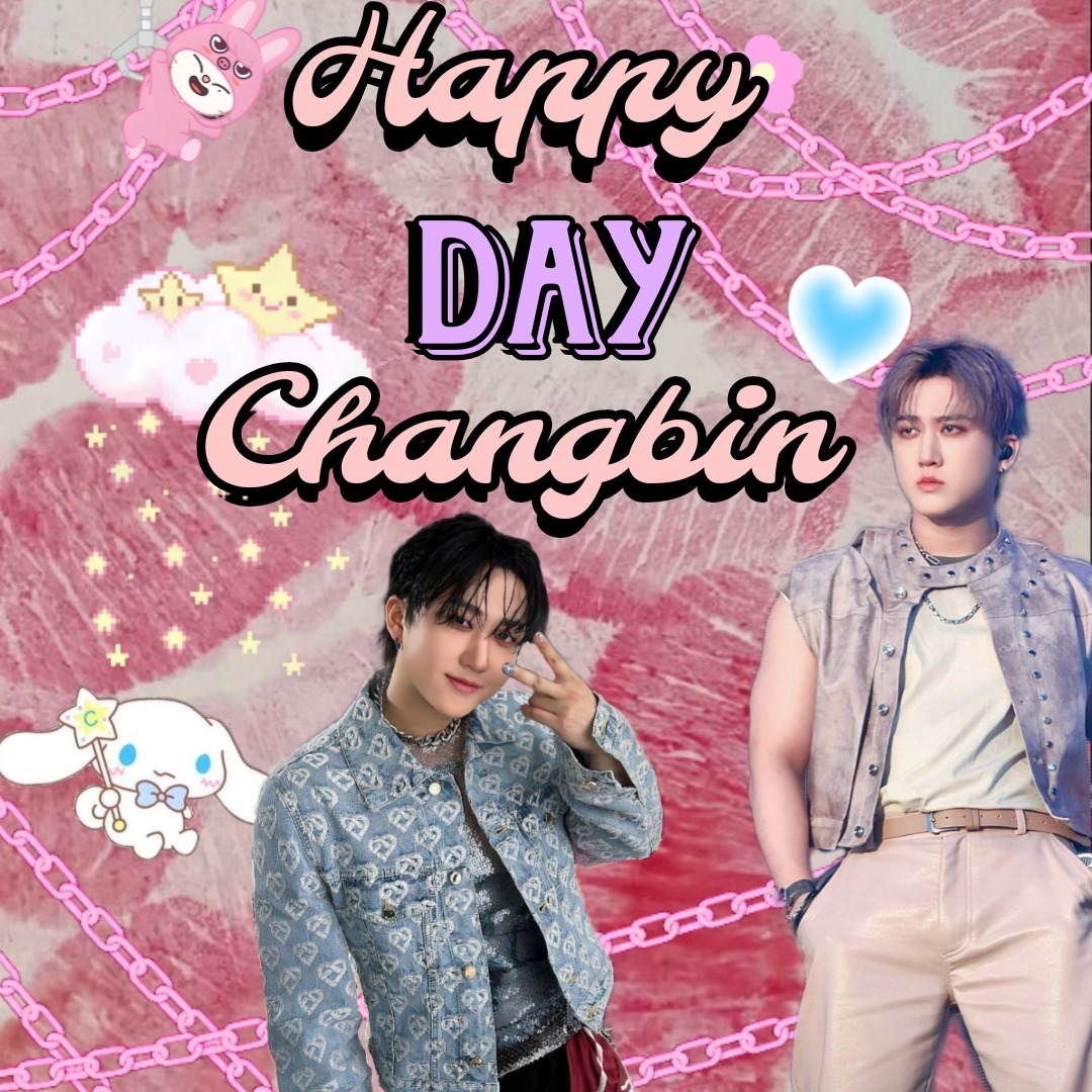 Pink glittery K-pop fan collage with two Changbin photos, Happy Day Changbin text, hearts and cute character stickers