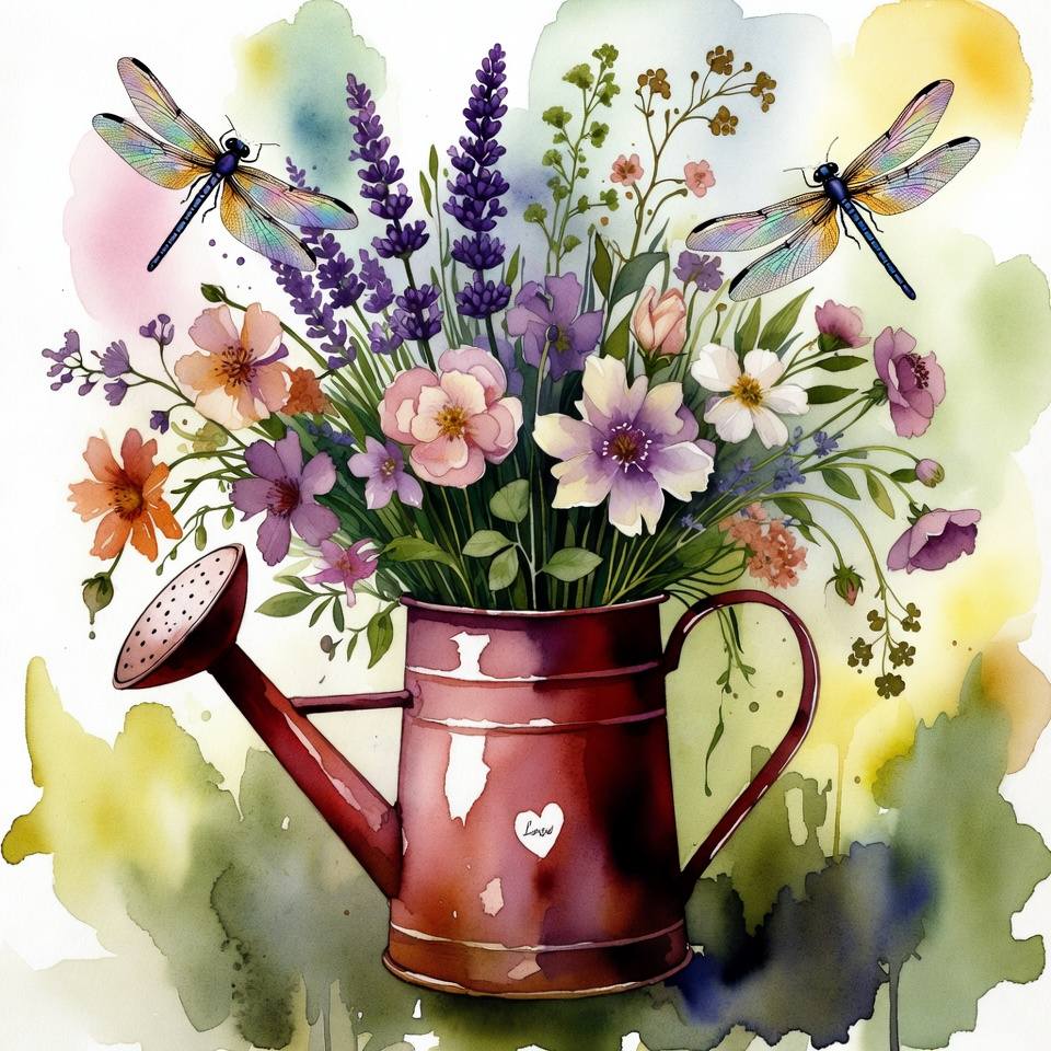 Wildflowers in Red Watering Can