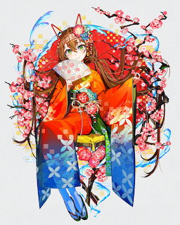 Anime fox girl in orange kimono holding a fan surrounded by cherry blossoms