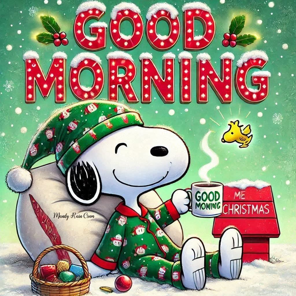 Cartoon dog wearing Christmas hat sitting by decorated tree and mailbox with Good Morning text and snowflakes