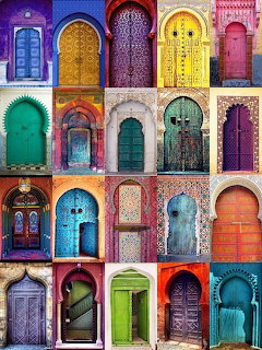 Collage of 20 colorful ornate Moroccan-style doors arranged in a 4x5 grid with varied architectural details