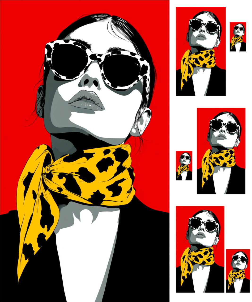 Pop art illustration of a woman wearing sunglasses and a yellow leopard-print scarf