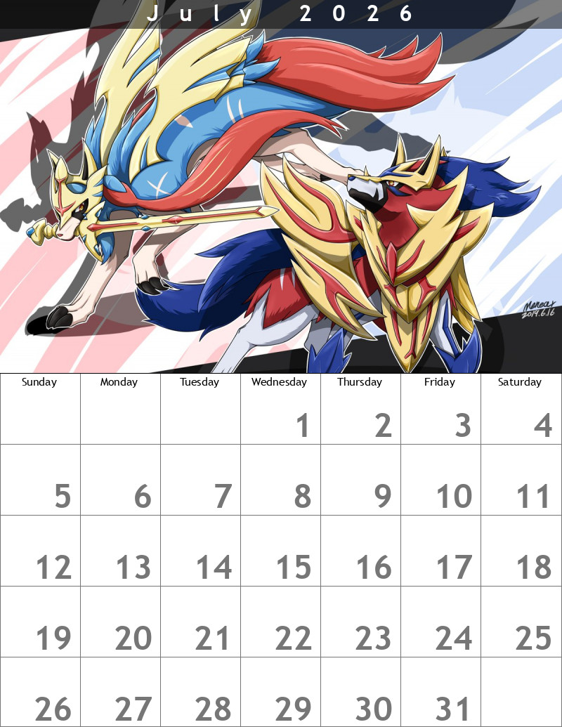 Zacian Zamazenta July 2026 Calendar