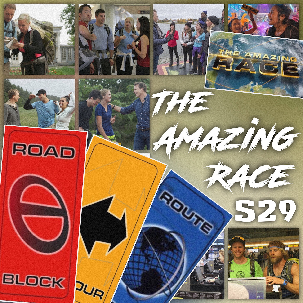 Collage of The Amazing Race season 29 cast photos, route signs, and title text