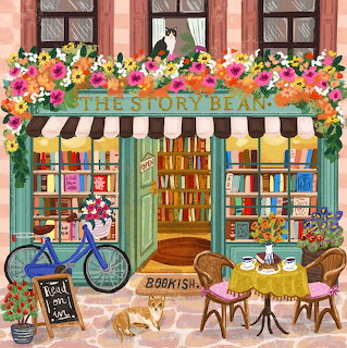 Illustrated bookshop storefront with flowers, bicycle, and outdoor café chairs