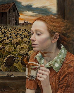 Painting of a red-haired woman in a cable-knit sweater holding a cup in front of a sunflower field and barn